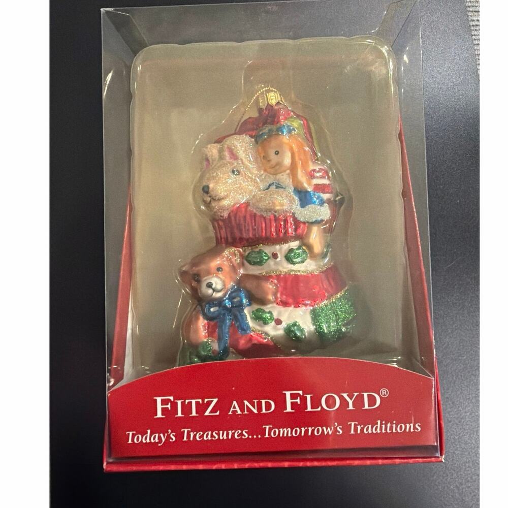 Fitz And Floyd Glass Stocking Ornament Glittery Sparkly 5 Inch New NIB
